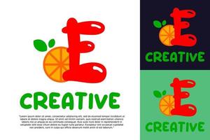 alphabet E logo and fresh citrus fruit in modern style. vector