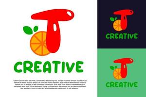 alphabet T logo and fresh citrus fruit in modern style. vector