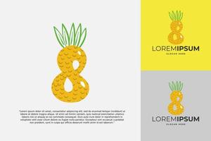 Logotipo de 8 números hecho de piña. caligrafía hecha a mano de frutas para identidad agrícola, tarjetas de restaurante, camisetas para niños, estampados de verano, etc. vector