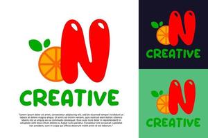 alphabet N logo and fresh citrus fruit in modern style. vector