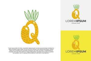 logotipo de letra q hecho de piña. caligrafía hecha a mano de frutas para identidad agrícola, tarjetas de restaurante, camisetas para niños, estampados de verano, etc. vector