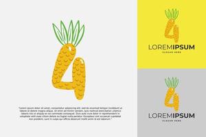 4 Number logo made of pineapple. Fruit handmade calligraphy for agricultural identity, restaurant cards, kids t-shirt, summer prints, etc vector