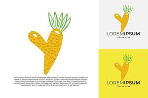 logotipo de letra y hecho de piña. caligrafía hecha a mano de frutas para identidad agrícola, tarjetas de restaurante, camisetas para niños, estampados de verano, etc. vector