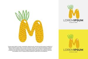 logotipo de letra m hecho de piña. caligrafía hecha a mano de frutas para identidad agrícola, tarjetas de restaurante, camisetas para niños, estampados de verano, etc. vector