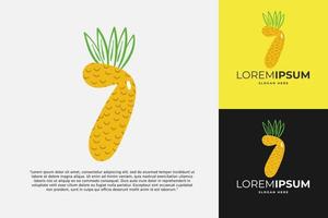 7 Number logo made of pineapple. Fruit handmade calligraphy for agricultural identity, restaurant cards, kids t-shirt, summer prints, etc vector