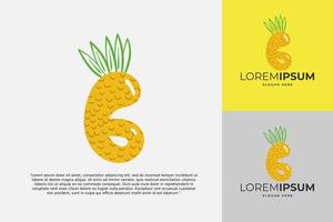 6 Number logo made of pineapple. Fruit handmade calligraphy for agricultural identity, restaurant cards, kids t-shirt, summer prints, etc vector