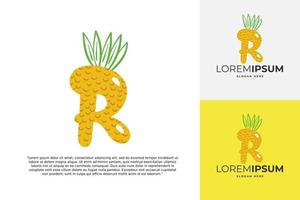 logotipo de letra r hecho de piña. caligrafía hecha a mano de frutas para identidad agrícola, tarjetas de restaurante, camisetas para niños, estampados de verano, etc. vector