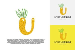 logotipo de letra u hecho de piña. caligrafía hecha a mano de frutas para identidad agrícola, tarjetas de restaurante, camisetas para niños, estampados de verano, etc. vector