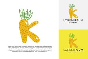 logotipo de letra k hecho de piña. caligrafía hecha a mano de frutas para identidad agrícola, tarjetas de restaurante, camisetas para niños, estampados de verano, etc. vector