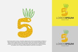 Logotipo de 5 números hecho de piña. caligrafía hecha a mano de frutas para identidad agrícola, tarjetas de restaurante, camisetas para niños, estampados de verano, etc. vector