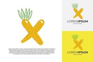 X letter logo made of pineapple. Fruit handmade calligraphy for agricultural identity, restaurant cards, kids t-shirt, summer prints, etc vector