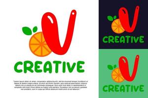 alphabet V logo and fresh citrus fruit in modern style. vector