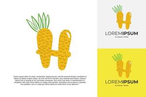 logotipo de letra h hecho de piña. caligrafía hecha a mano de frutas para identidad agrícola, tarjetas de restaurante, camisetas para niños, estampados de verano, etc. vector