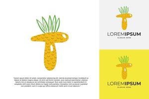 logotipo de letra t hecho de piña. caligrafía hecha a mano de frutas para identidad agrícola, tarjetas de restaurante, camisetas para niños, estampados de verano, etc. vector