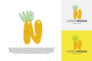 logotipo de letra n hecho de piña. caligrafía hecha a mano de frutas para identidad agrícola, tarjetas de restaurante, camisetas para niños, estampados de verano, etc. vector