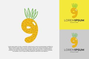 Logotipo de 9 números hecho de piña. caligrafía hecha a mano de frutas para identidad agrícola, tarjetas de restaurante, camisetas para niños, estampados de verano, etc. vector