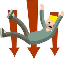 Man fall down. Red arrow. frightened guy in distress. Flying and crashing from height. Cartoon flat illustration. Problem and failure vector