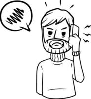 Man with mobile phone. Unpleasant conversation. Angry guy with modern device. Talking problems. Cartoon hand drawn black and white sketch illustration. vector