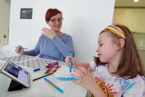 Mother and little daughter  playing together  drawing creative artwork photo