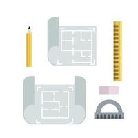 Construction drawing. Blue plan on paper. Blueprint of the house. Engineering work. Set of writing tools. Flat cartoon vector