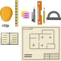 equipo de ingeniero plano de dibujo del edificio. documentos de diseño y proyecto. conjunto de elementos de dibujo. casco de trabajador de la construcción. plano de casa plana. esquema tecnico vector