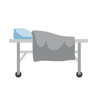 Medical bed on wheels. Clinic furniture. Hospital bed or stretcher with pillow and blanket. vector