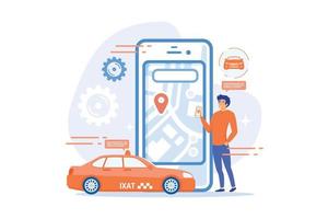 A man near huge smartphone with city map and gps tags on the screen calls a taxi. Navigation apps, smart public transport, IoT and smart city concept, violet palette. flat vector modern illustration