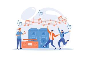 Hip hop singer with microphone at music speaker and tiny people dancing at concert. Hip hop music, hip hop party, RAP music classes concept. flat vector modern illustration