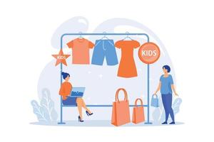 sala de exposición con ropa para niños en perchas, diseñador y clientes con bolsas de compras. moda infantil, sala de exposición de estilo bebé, concepto de mercado de ropa infantil. ilustración moderna de vector plano