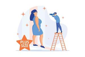 Photographer taking photos of plus size model in runway fashion show. Plus size models, body positive fashion, plus-size clothing modeling concept. flat vector modern illustration