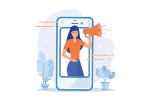 marketing móvil, smm. publicidad en redes sociales. teléfono inteligente, aplicación, notificación. vendedora femenina con carácter plano de megáfono. ilustración moderna de vector plano