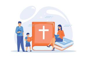 gente diminuta cristianos leyendo la santa biblia y aprendiendo acerca de cristo. santa biblia, sagrado libro sagrado, el concepto de la palabra de dios. ilustración moderna de vector plano