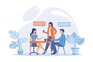 Group of friends sitting at the table talking, drinking coffee and tea, tiny people. Friends meeting, cheer up friend, friendship support concept. flat vector modern illustration
