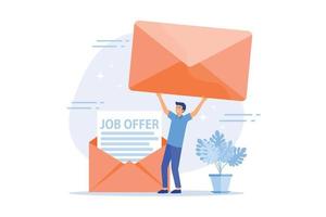 Respuesta a la carta de solicitud de oferta de trabajo. oportunidad de carrera, propuesta de negocio, contrato de contratación. el hombre recibe un contrato de trabajo por correo. ilustración moderna de vector plano