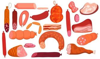 Deli meat ham and salami food icon. Isolated cartoon set barbecue steak cooking and beef vector illustration. Gastronomy delicatessen and bacon veal product collection. Farm grocery delicious animal