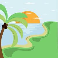 Summer beach illustration on seaside. Vector logo design template.