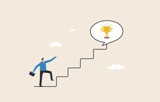 Motivation to drive success from business. achievement. or reward encourages employees to develop and succeed. Businessman running on the stairs to catch the winner trophy. vector