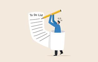 Long to do list. Overwhelmed work and responsibility or performance and effectiveness management.  Businessman holding a big pencil thinking about writing a to-do list on paper. vector