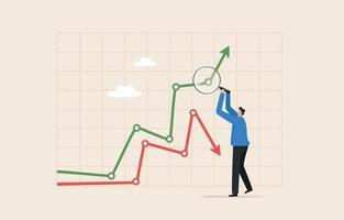 Businessman Looking For Investment Opportunity Standing On Growth Graph.  Profit Stock Market.  stock market data analysis Financial Research Specialist. vector