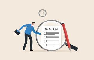 To do list. Checklist for work completion. Check plans or important documents. Businessman standing with pencil and magnifying glass after finishing all work checklist. vector