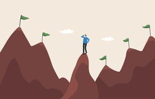 Ambition towards success and achieving great goals. Career growth or business goals. A challenge that must be braved to face. Businessman reaches the top of the mountain with a flag goal. vector