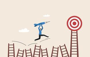 Success step to reach business goal. Ambition to success and achieve target. Businessman holding darts up the stairs to reach the target of the dartboard. vector