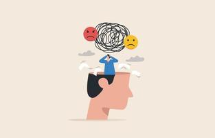 Stress burden from overwork. mental problems, anxiety. Businessman has heavy messy line  in his brain. vector