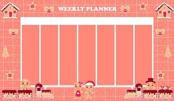 Weekly planner with gingerbread characters in cartoon style for kids, printable timetable for winter for children vector
