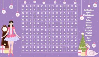 Christmas word search game for kids with nutcracker character and ballerina with xmas eve on violet background, riddle for learning english vocabulary, printable worksheet for children books vector