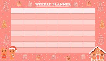 Colorful printable weekly planner in childish style with gingerbread man and house, Christmas themed timetable vector