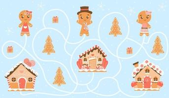 Winter holiday themed printable worksheet for kids with gingerbread houses and characters, colourful children game, find right way or labyrinth on blue background for books vector