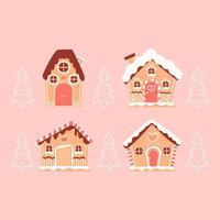 conjunto de coloridas casas de pan de jengibre con árbol de navidad sobre fondo rosa, galletas de fantasía para un acogedor pueblo de invierno, elementos de diseño para tarjetas de felicitación para navidad y vacaciones de año nuevo vector