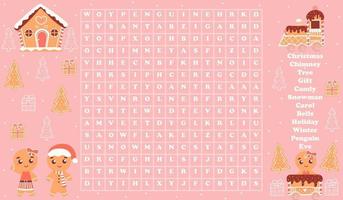 Word search game for kids with christmas themed elements, gingerman characters and house in cartoon style vector