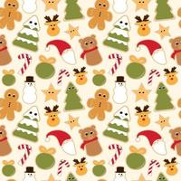 galletas de Navidad patrón sin costuras sobre fondo amarillo claro para envolver papel o textil, dulces lindos, atributos de vacaciones de invierno, personajes animales vector